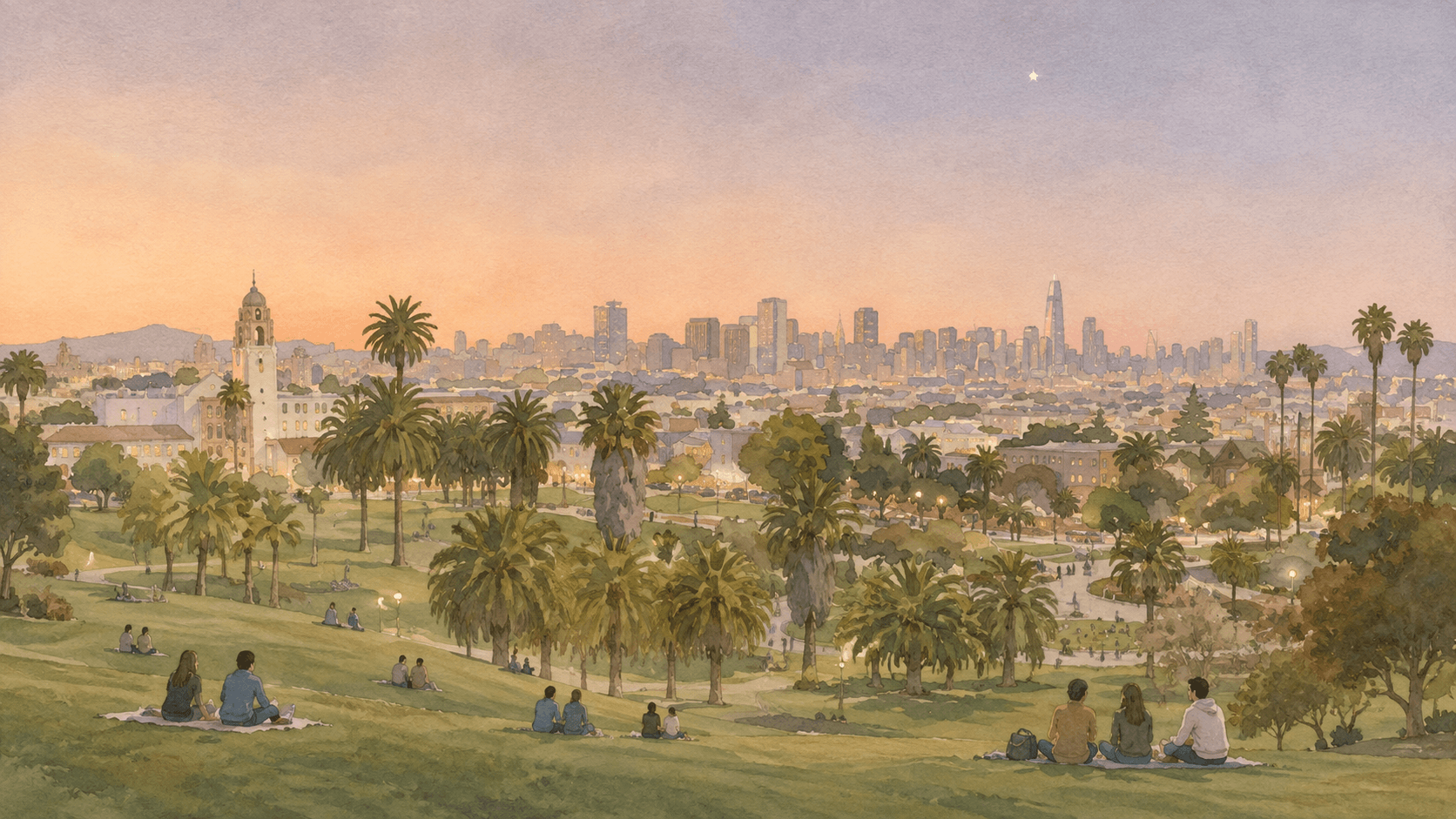 People relaxing in a palm-lined park overlooking the San Francisco skyline at sunset.